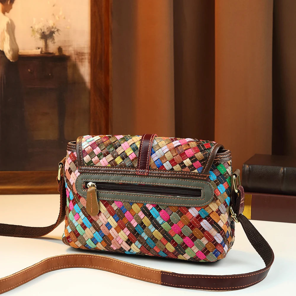 Women's Bohemian Rainbow Woven Genuine Leather Crossbody Bag | Ethnic Patchwork · Pillow Shape · Multicolour | Braviixx
