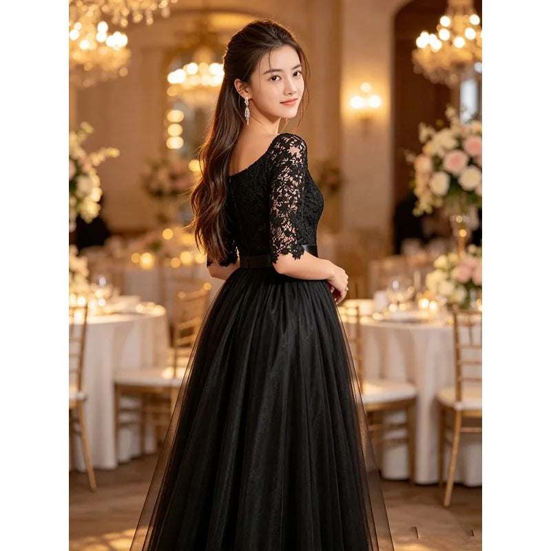 V-Neck Off Shoulder Lace Tulle A-Line Maxi Gown | Bridesmaid & Wedding Guest Dress