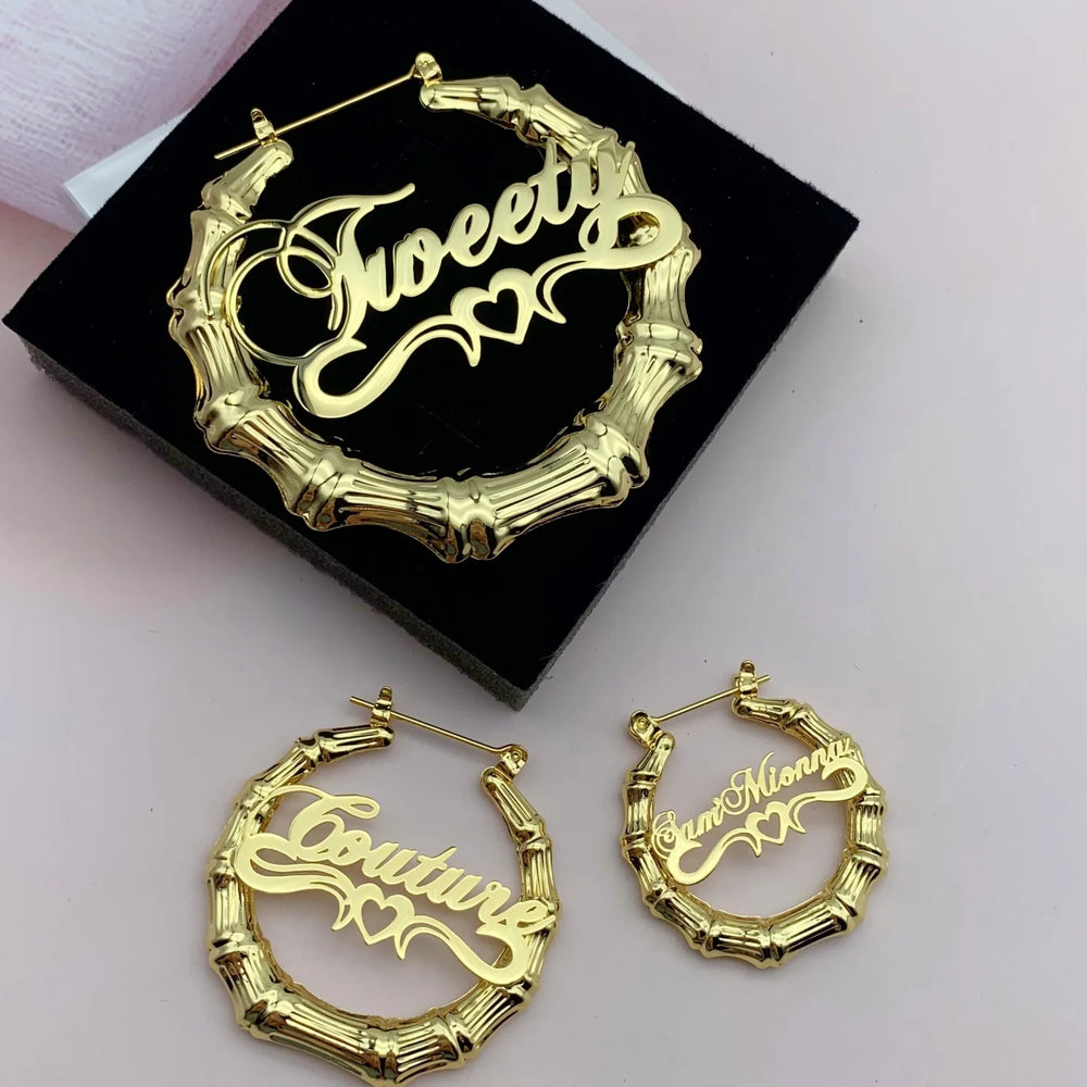 30 -100MM Customize Name Earrings Bamboo Personalized Earrings Custom Name/Logo/Statement Hoops with Heart Under Best Gift Gold