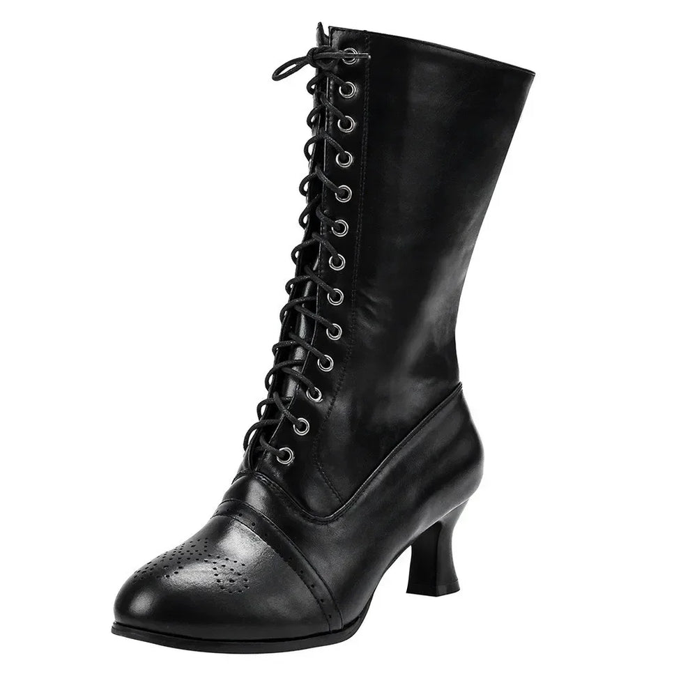 Women's Black Lace-Up Calf Boots | Vintage-Inspired Heel | Braviixx