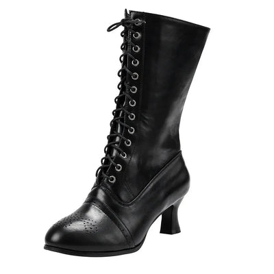 Women's Black Lace-Up Calf Boots | Vintage-Inspired Heel | Braviixx