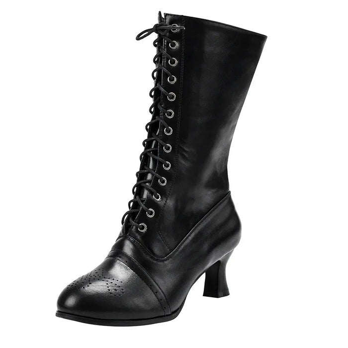 Women's Black Lace-Up Calf Boots | Vintage-Inspired Heel | Braviixx