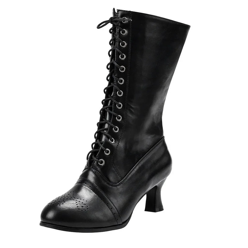 Women's Black Lace-Up Calf Boots | Vintage-Inspired Heel | Braviixx