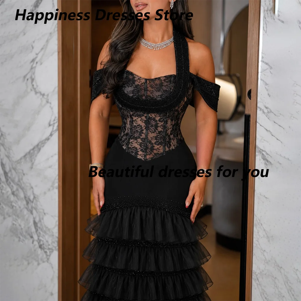 Off-Shoulder Lace Corset Tiered Ruffle Tulle Mermaid Gown | Formal Evening & Wedding Guest Dress
