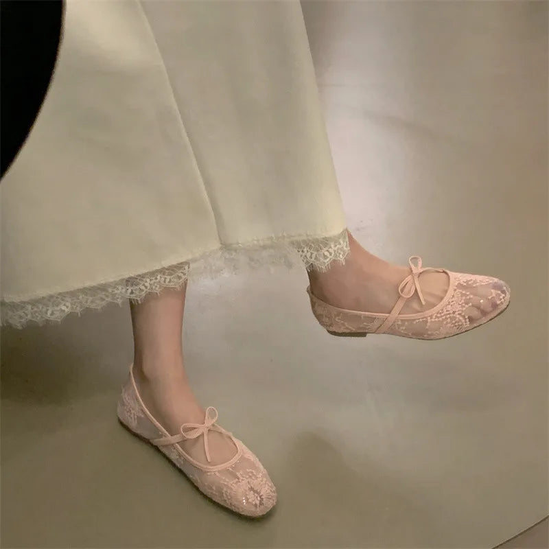 2026 Women Spring Summer Ballet Flat Shoes Breathable Mesh Embroidery Fashion Flats Lovely Bow Knot Female Daily Walking Sandals
