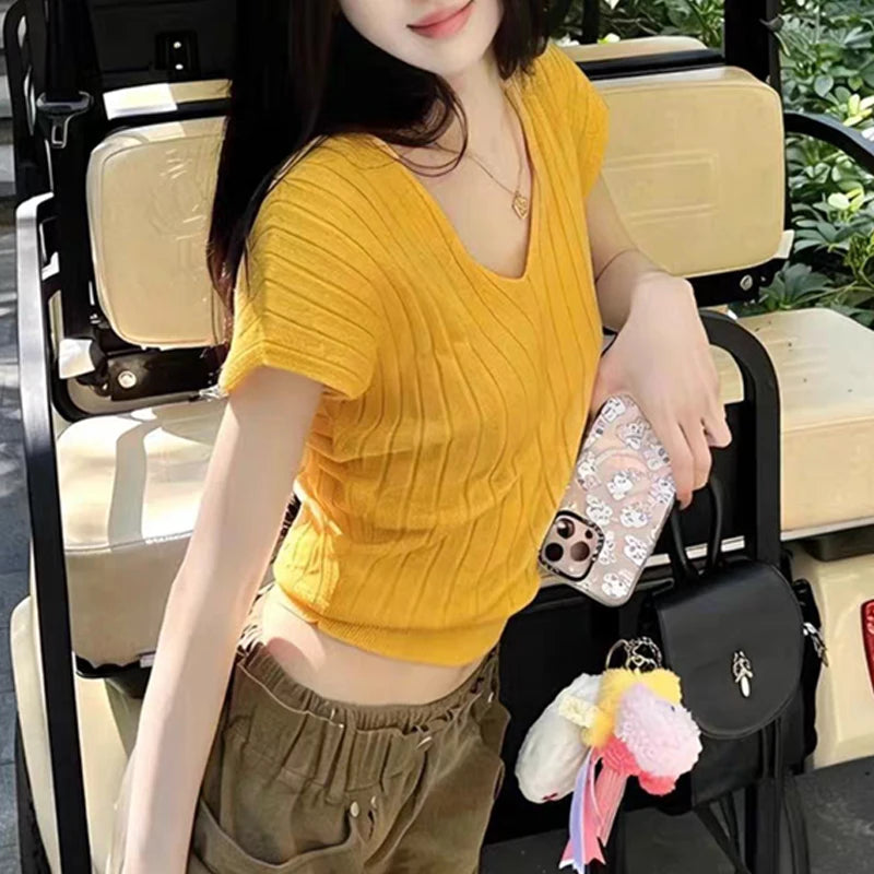 V-neck Short Sleeve Knitted Pullover Shirt 2026 Fashion New Slim Fit Solid Color Basic Tops Elegant Summer Blouse Casual Blusas