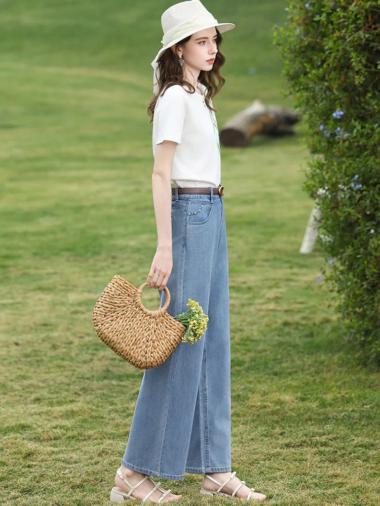 I BELIEVE YOU Light Blue Wide Leg Jeans 2026 Spring High Waist Loose Fit Pants Beading Straight Leg Denim Pants 2261166334