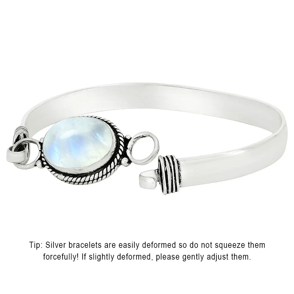 Vintage 925 Silver Natural Oval Moonstone Bangle 7.5 inches Handmade Bangle Fine Jewelry Valentines Gift for Girlfriend Women