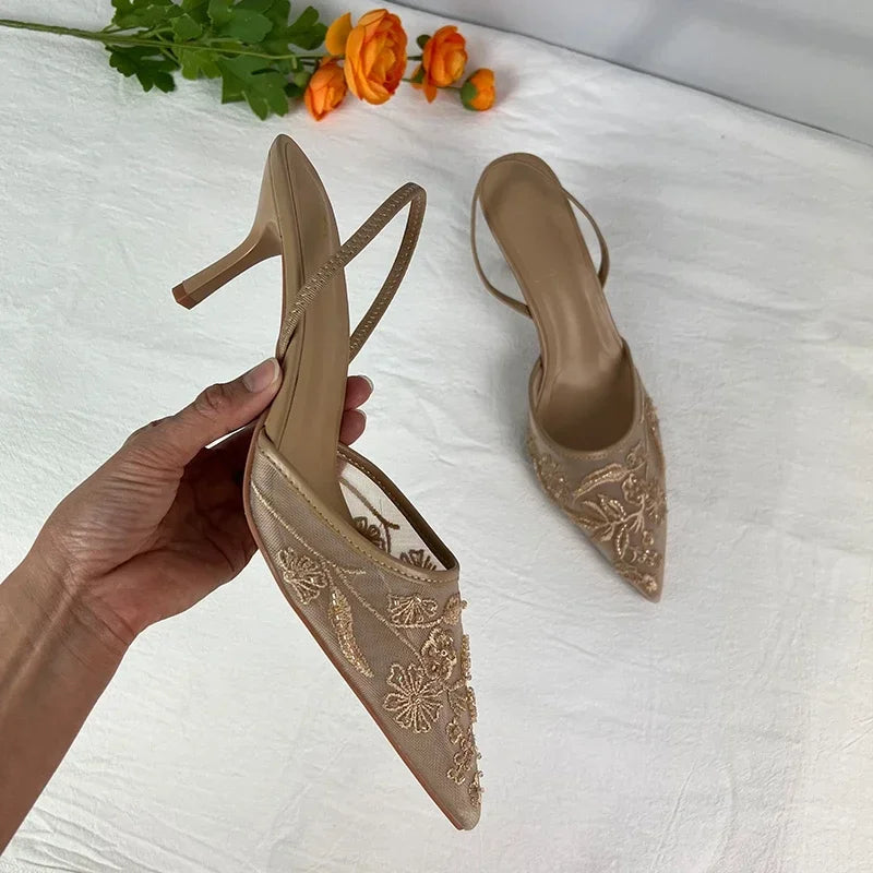 2025 New Women Sandals Brand Designer Ladies Flower Mesh Open Heel Sandals Shoes Sexy High Heel Pointed Toe Stiletto Pumps Mules