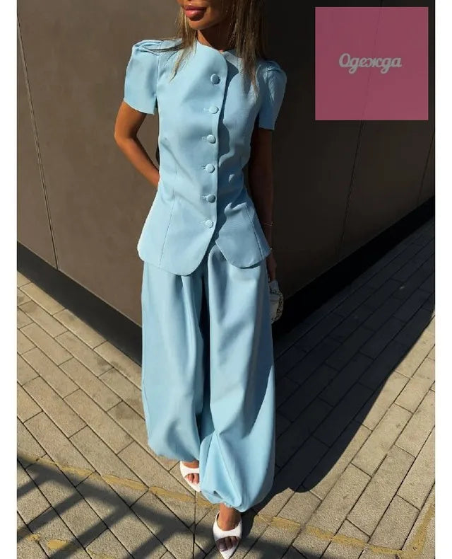 Elegant Solid Satin Coat Women Chic Round Neck Puff Short Sleeve Single Breasted Waist Cinching Jacket 2026 Lady Street Top