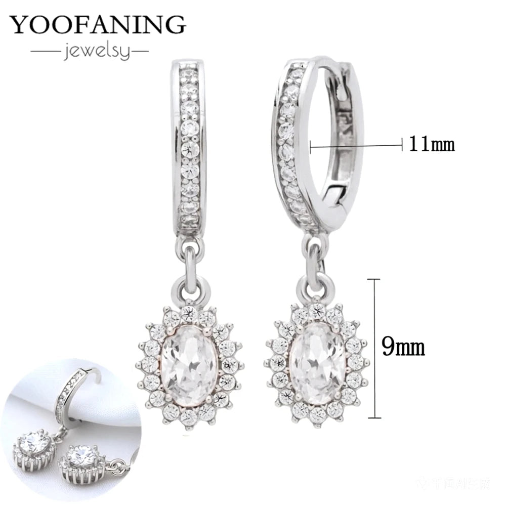 Women's CZ Oval Halo Drop Huggie Earrings | Pavé Crystal Huggie with Sunburst Pendant | 925 Silver Needle