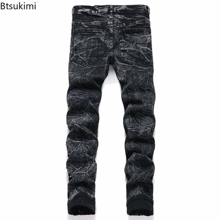 2026 Retro Punk High Street Trend Black Jeans Rivet Design Men Slim Casual Pants Fashion Classic Men Denim Pants Four Season New