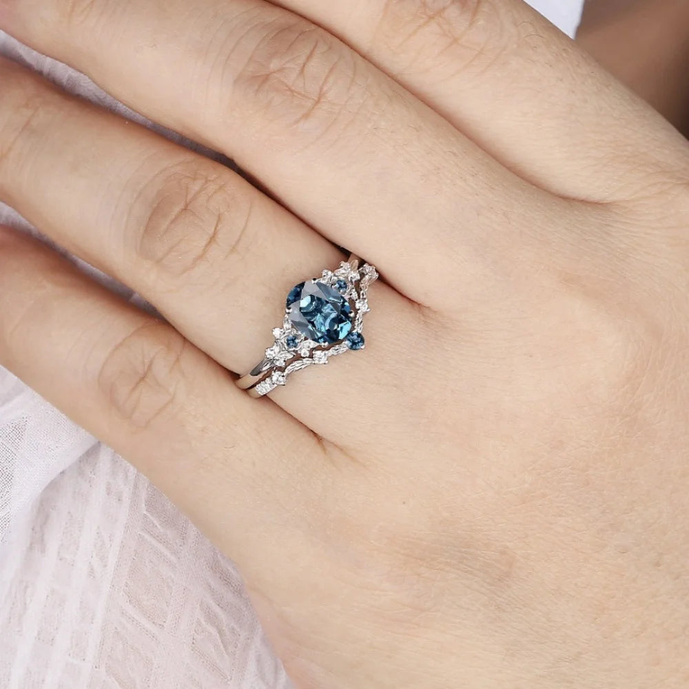 Women's Blue Stone Ring Set | Oval Floral Ring & V-Shaped Band | Braviixx