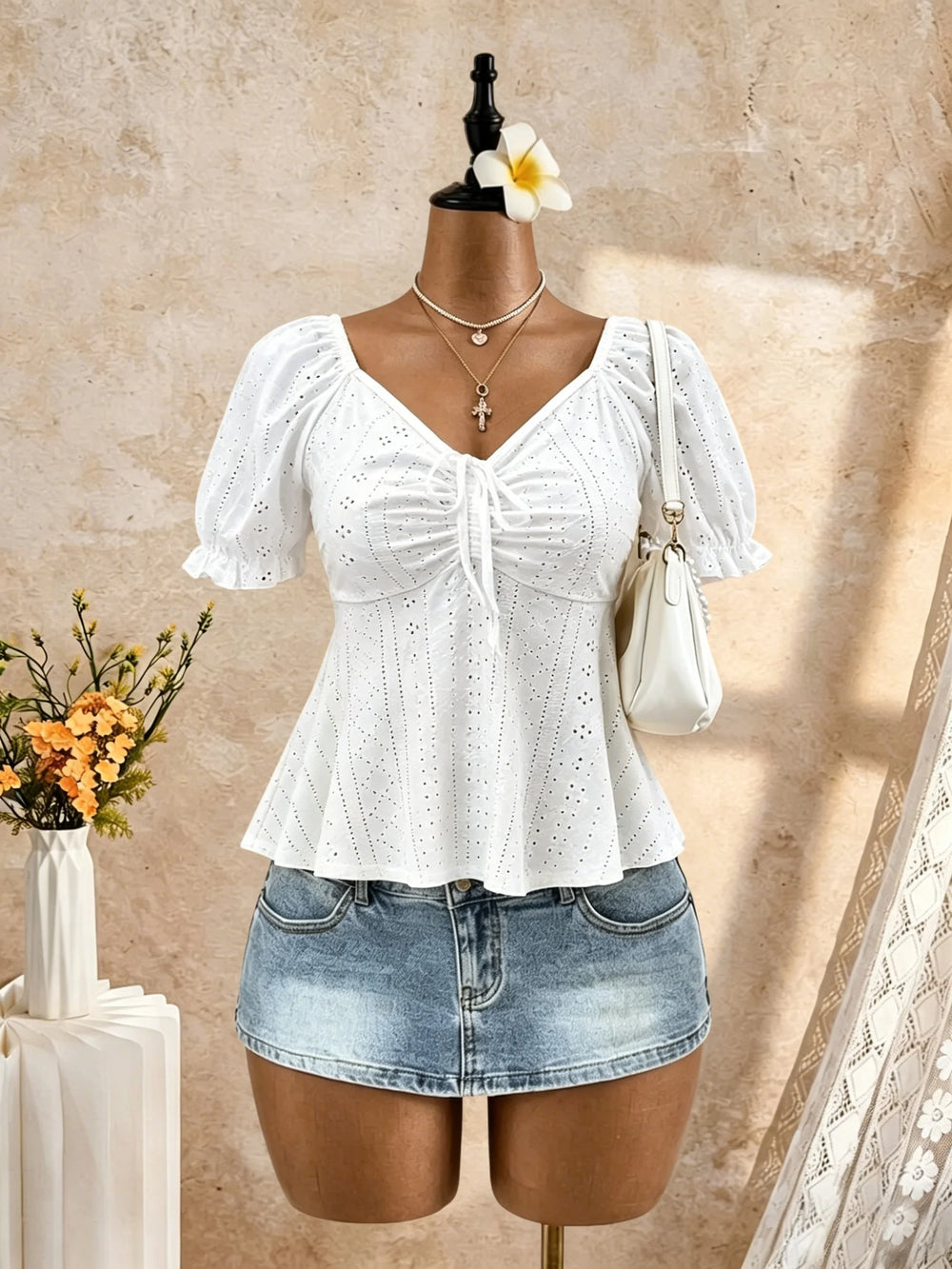 2 Pack Multi-color Women V Neck Puff Short Sleeve Drawstring Ruched Eyelet Embroidery Peplum Blouse 2026 Summer Y2K Casual Vacat