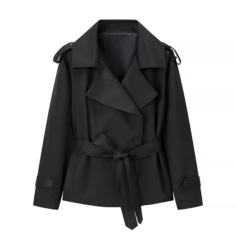 Street Lace Up Trench Coats Women Long Sleeve Lapel Waist Cinching Cropped Windbreaker Female Autumn Lady Elegant Casual Jacket