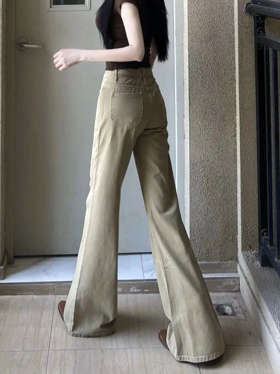 Women Loose Thin Flared Jeans 2026 Classic Female Low Waist Denim Trousers Girls Retro Fashion Khaki Straight Leg Pants