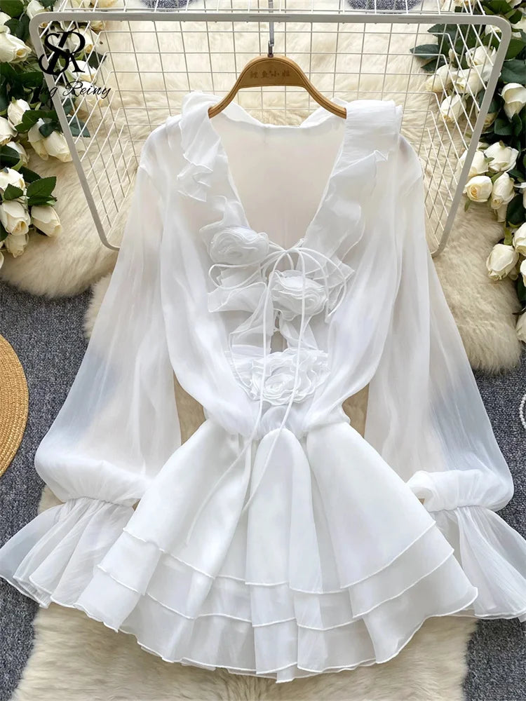 SINGREINY 3D Floral Beach Short Dress Female Long Sleeves Lace Up Ruffle Chiffon Cake Sundress Sheer Sexy Vintage Bohemian Dress