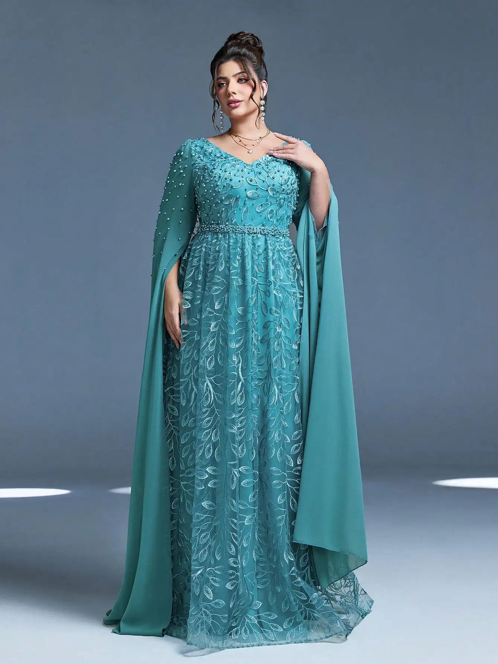 Embroidered Plus Size Evening Gown | Beaded Cape Sleeves | Braviixx