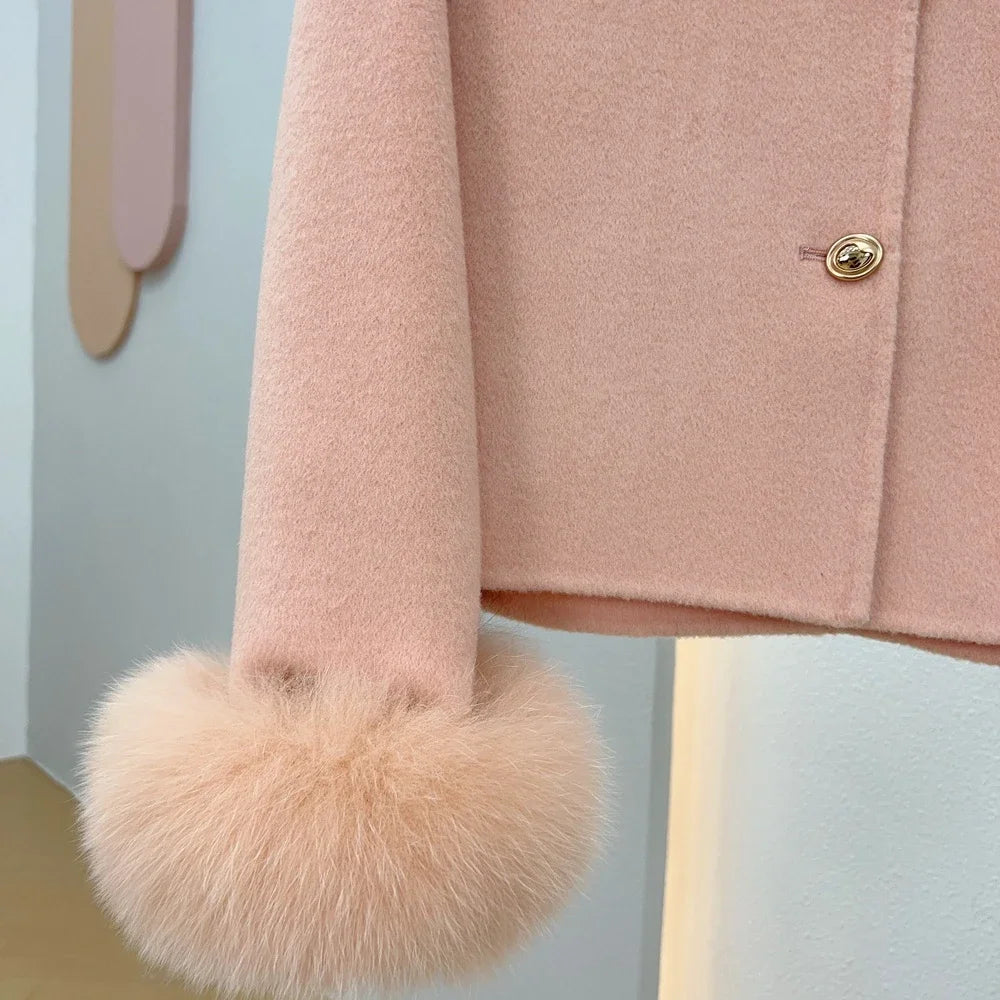 Women's Bow-Neck Short Coat | Fluffy Cuffs & Button Front | Braviixx
