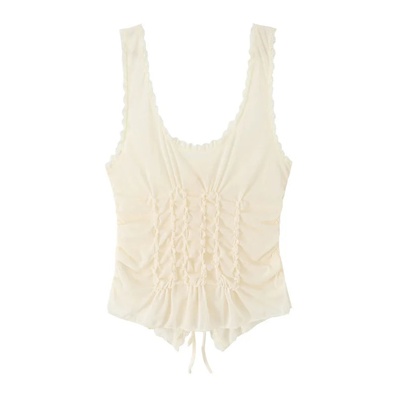 Women's Top 2026 New Summer Bow Decoration Pleated Top for Women Elegant Chic Vacation-style Fashion Ladies Vest Top