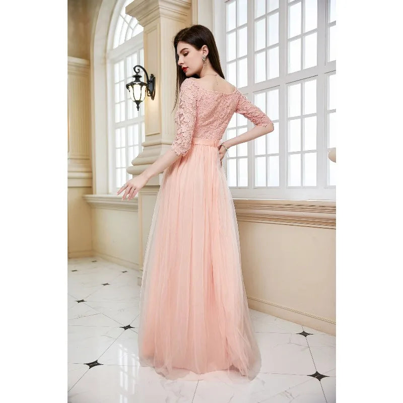 V-Neck Off Shoulder Lace Tulle A-Line Maxi Gown | Bridesmaid & Wedding Guest Dress