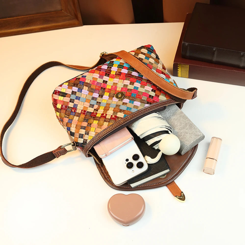 Women's Bohemian Rainbow Woven Genuine Leather Crossbody Bag | Ethnic Patchwork · Pillow Shape · Multicolour | Braviixx