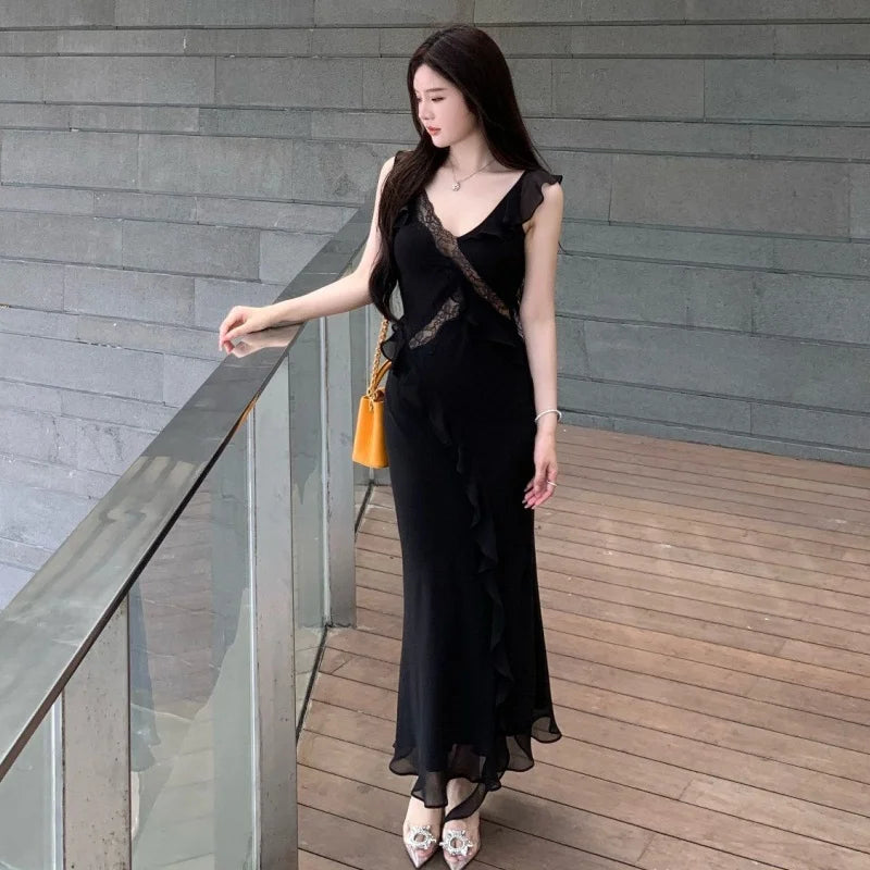 Women Slip Long Dress Lady Pink Lace Panel Slim Fit Ruffled Mermaid Dress Female Summer Alluring Bodycon Maxi Vacation Dress