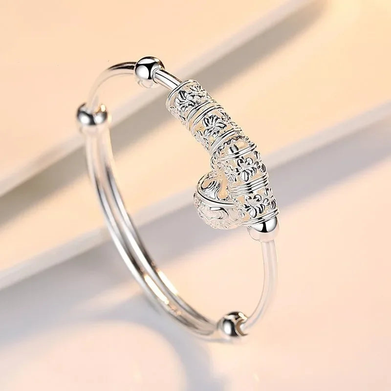 Women's Silver-Tone Charm Bangle | Floral Beads & Round Hanging Charm | Braviixx