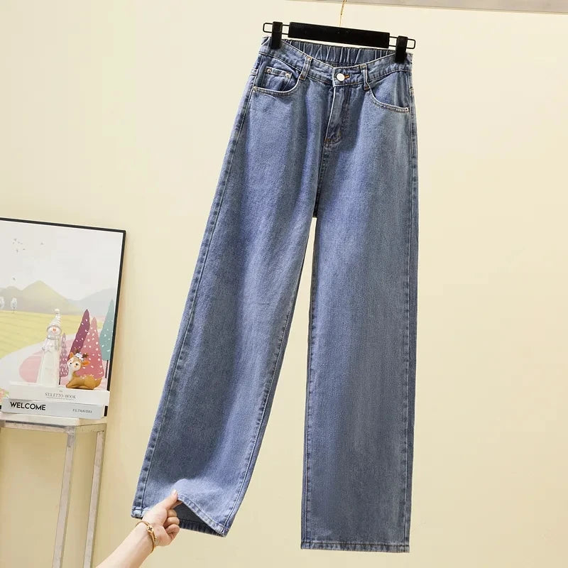 Women's High waisted Wide leg Jeans Autumn Winter 2026 New Loose Elastic waist Straight leg Pants Female Casual Denim Trousers