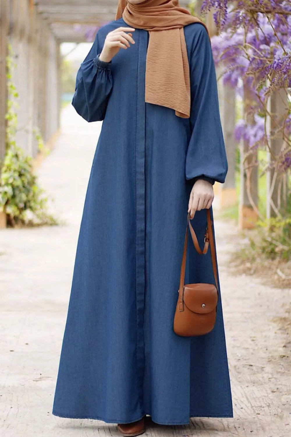 Muslim Maxi Dresses for Women Vintage Denim Lace Up Lantern Sleeve Maxi Dress