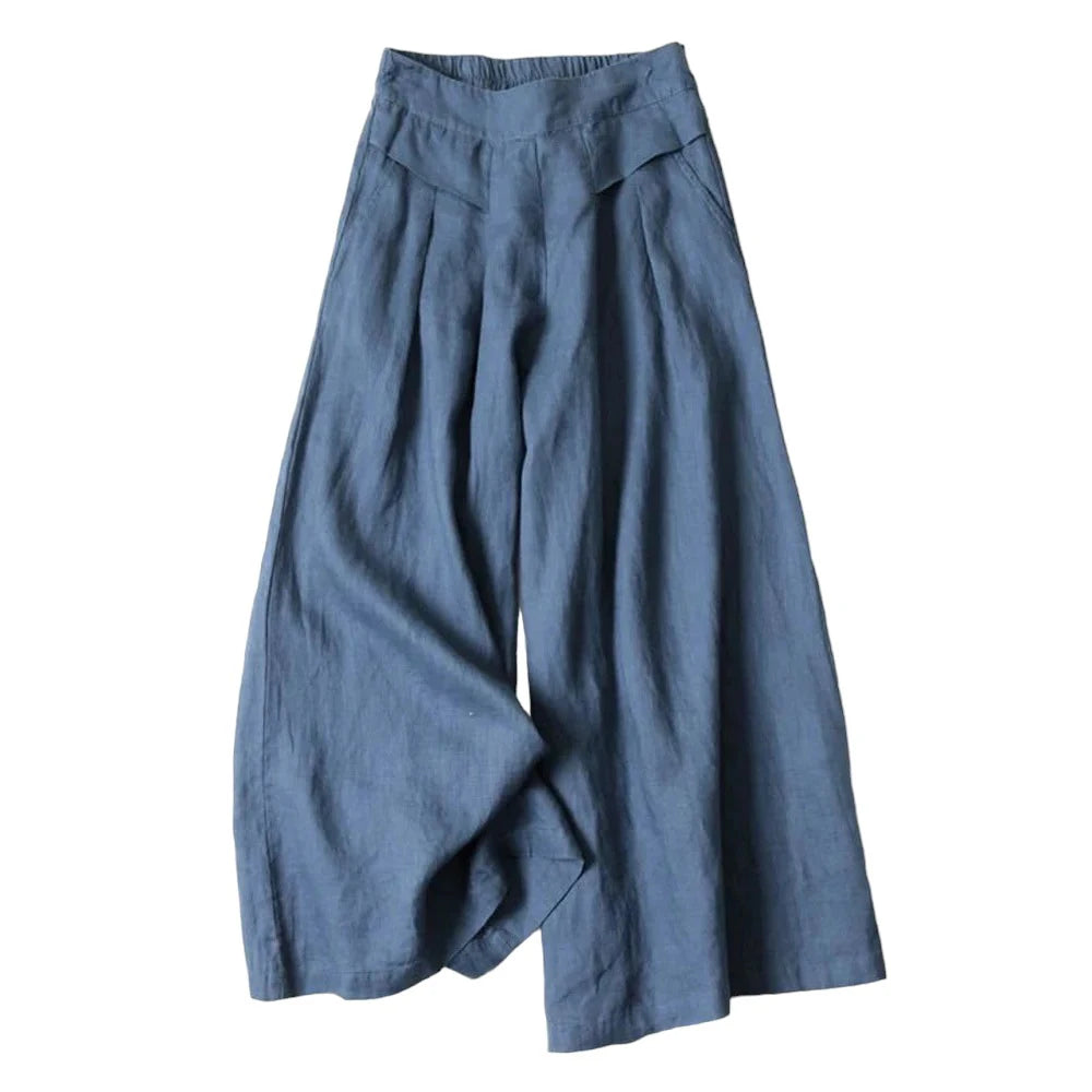 2026 Summer Women's Culottes Cotton Linen Cropped Wide Leg Pants Elastic Waist Casual Palazzo Clean Fit Trousers with Pockets