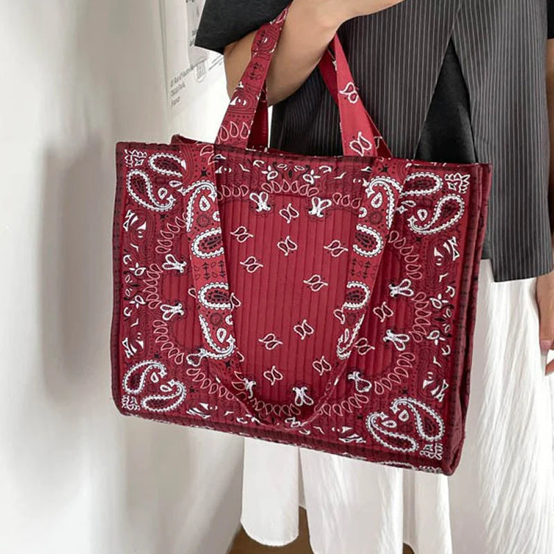 Vintage Bandana Paisley Print Tote Bag | Large Capacity Quilted Shoulder Bag