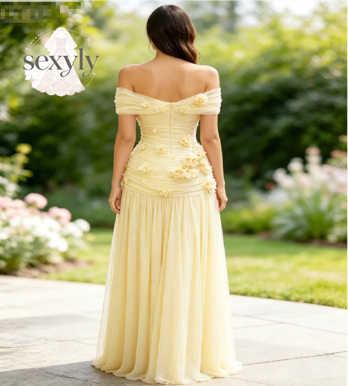 Off Shoulder 3D Floral Appliqué Ruched Chiffon Maxi Gown | Formal Evening & Prom Dress