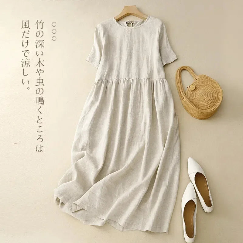 Women's Linen Cotton Casual Dress Round Neck Short Sleeve A-Line Loose Summer Maxi Dress