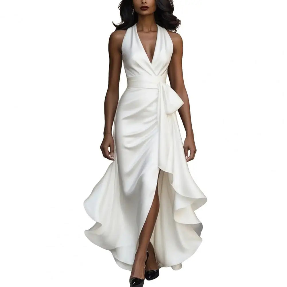 Satin-Look Halter Dress | Ruffle High-Low Hem & Tie Waist | Braviixx