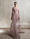 Shiny 3D Floral Embroidered Off Shoulder Long Sleeve Sheer Mesh Gown | Belted Formal Evening Dress