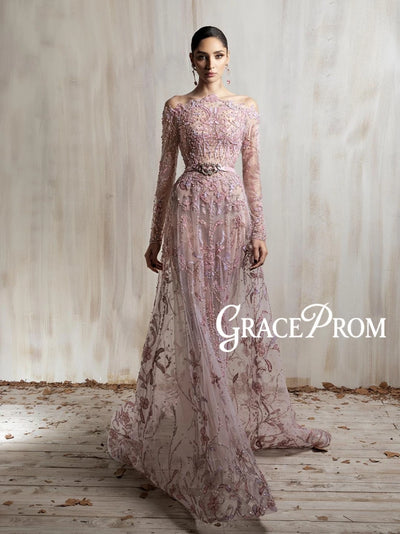Shiny 3D Floral Embroidered Off Shoulder Long Sleeve Sheer Mesh Gown | Belted Formal Evening Dress