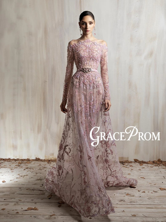 Shiny 3D Floral Embroidered Off Shoulder Long Sleeve Sheer Mesh Gown | Belted Formal Evening Dress