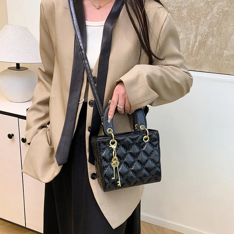 Women's Diamond Quilted Mini Square Handbag | Top Handle · Gold Chain · Crossbody | Black · Burgundy · White | Braviixx