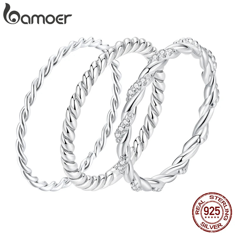 BAMOER 925 Sterling Silver Braided Texture Twisted Eternity Band Stackable Rings Fine Jewelry