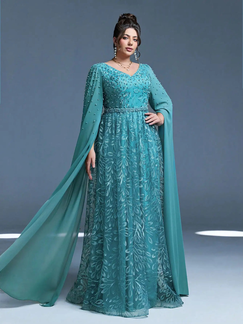 Embroidered Plus Size Evening Gown | Beaded Cape Sleeves | Braviixx