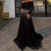 Black Off-Shoulder Evening Gown | Embellished Waist & Long Sleeves | Braviixx