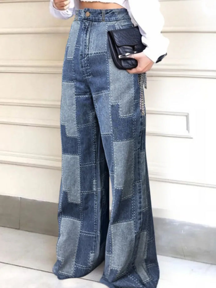 2026 Women Patchwork High Waist Wide Leg Jeans Two Tone Floor Length Y2K Casual Denim Pants Women's Pants & Trousers