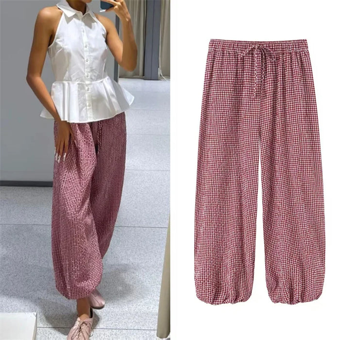 Women's Long Pants 2026 Summer New Style Red Plaid Drawstring Lantern Pants Long Pants Beach Vacation Casual Fashion