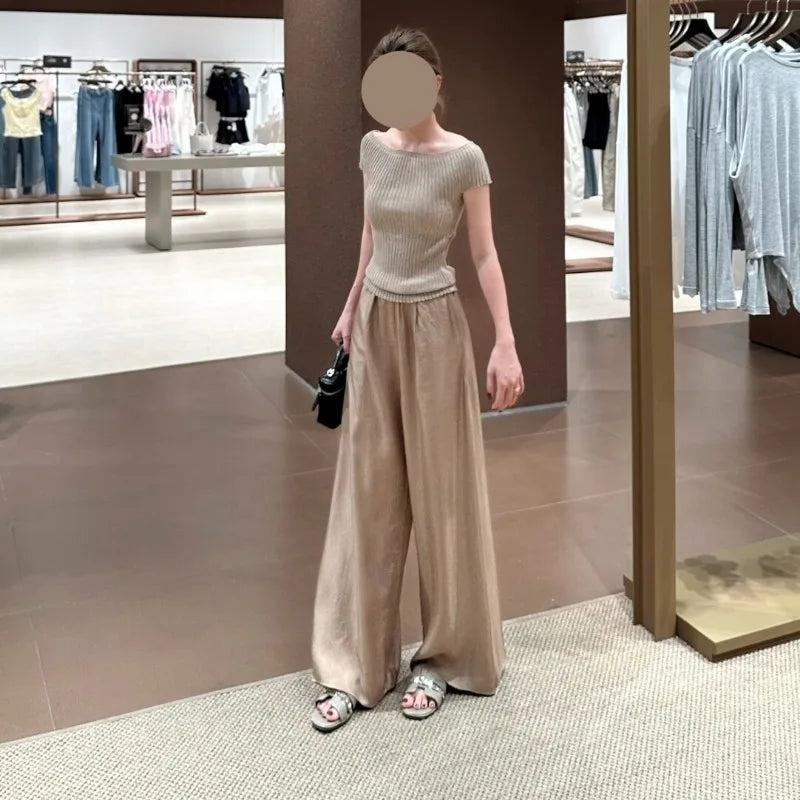 Women Satin Wide Leg Pants Drawstring Waist Ice Silk Drapey Loose Straight Floor Length Casual Trousers