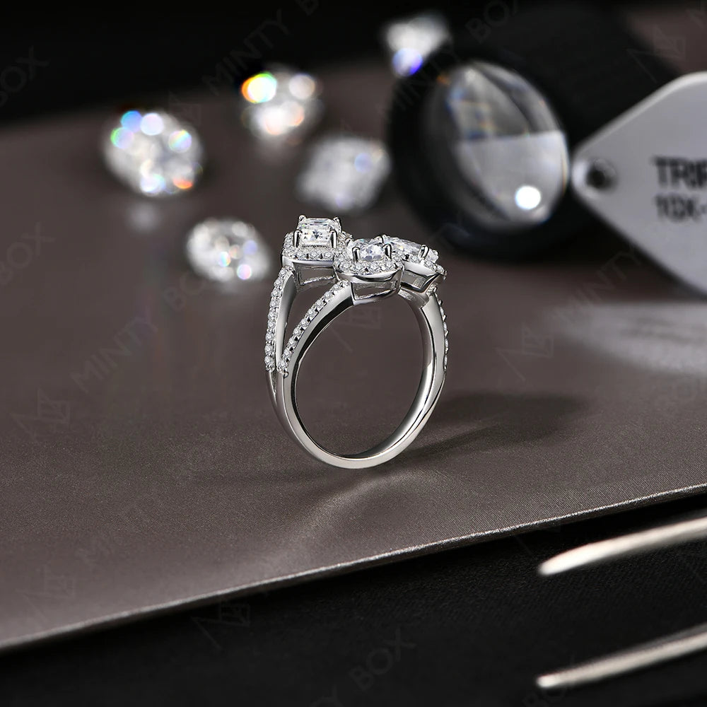 Women's Moissanite Open Ring | Three Mixed-Shape Halos | Braviixx