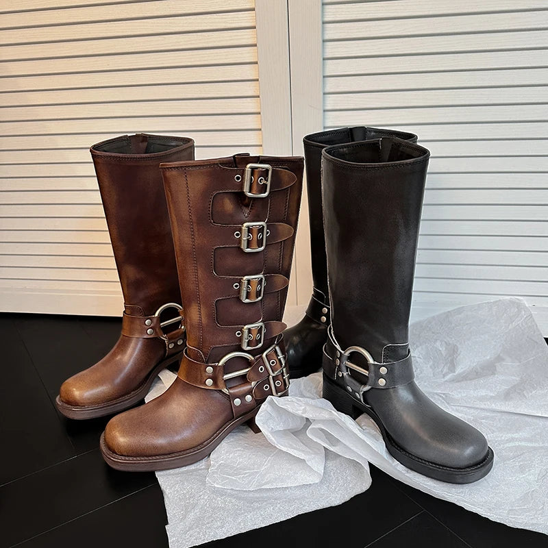 Multi-Buckle Tall Boots | Harness Detail & Block Heel | Braviixx