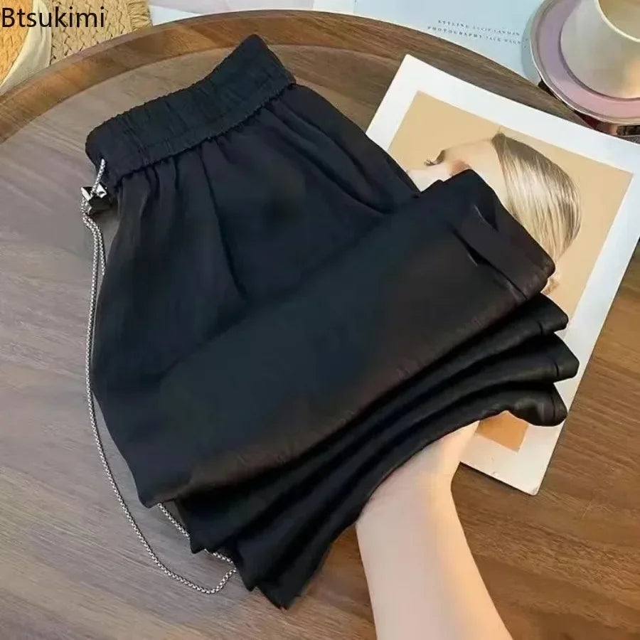 2026Women's Vintage Satin Long Pants Chinese Style Solid High Waist Wide Leg Pants Loose Casual Versatile Streetwear Women Pants