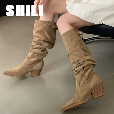 Faux Suede Western Boots | Buckle & Block Heel | Braviixx