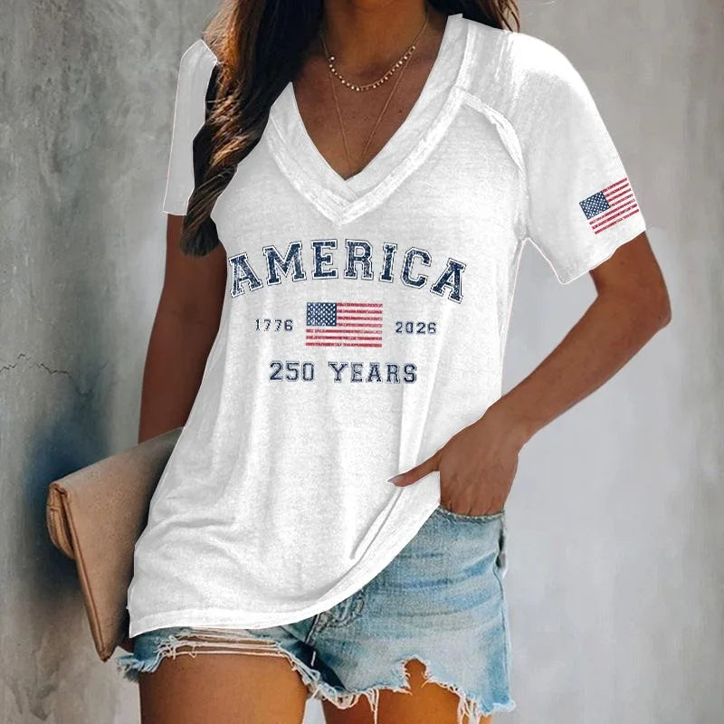 Women's America 250 Print T-Shirts Casual Loose Short Sleeve V Neck Tops Summer Tees 2026 New Arrival